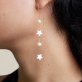 Two White Stars Two Pearls Earring  - Yellow Gold