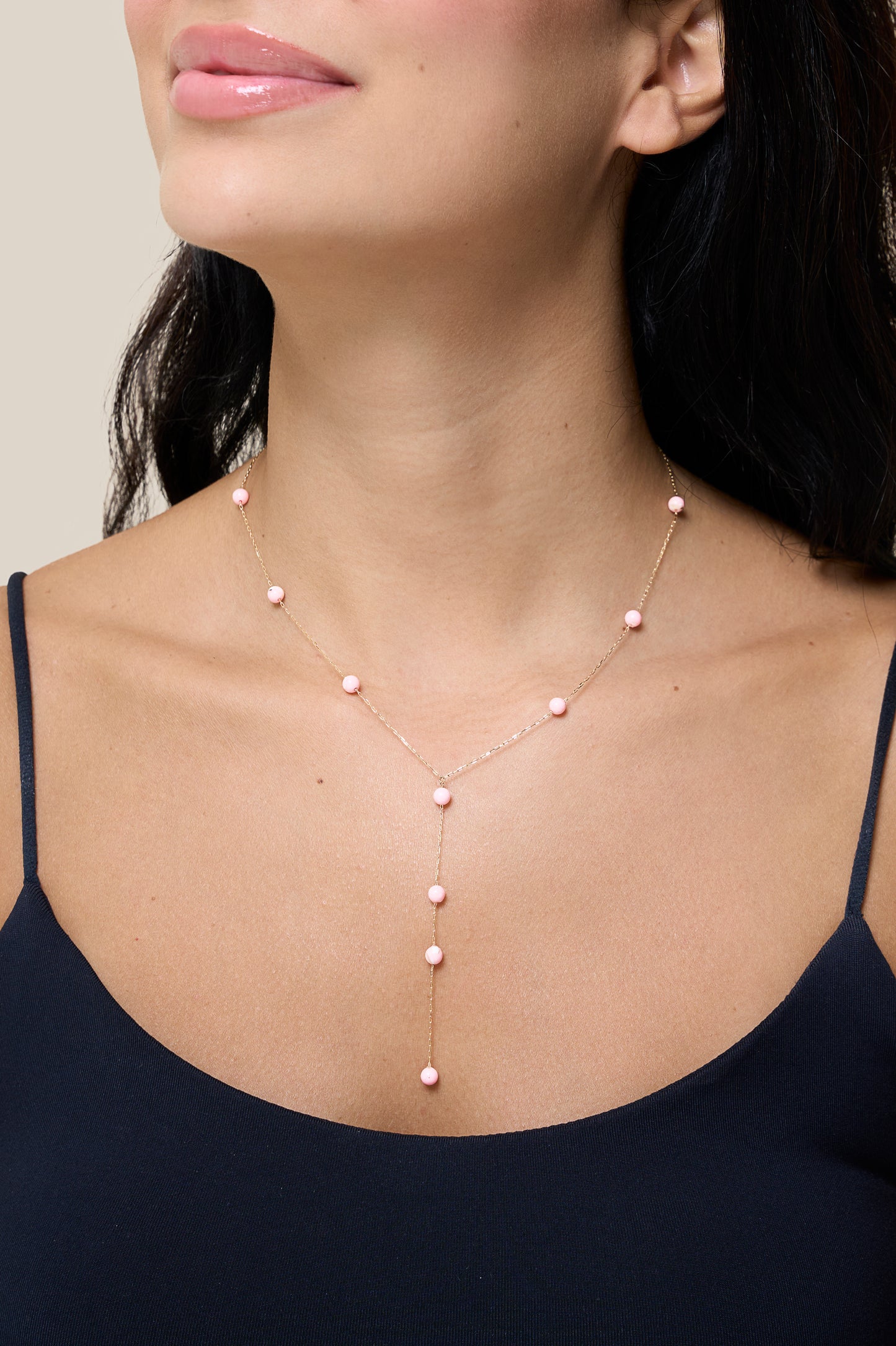 Pink Beads long Necklace - Yellow Gold