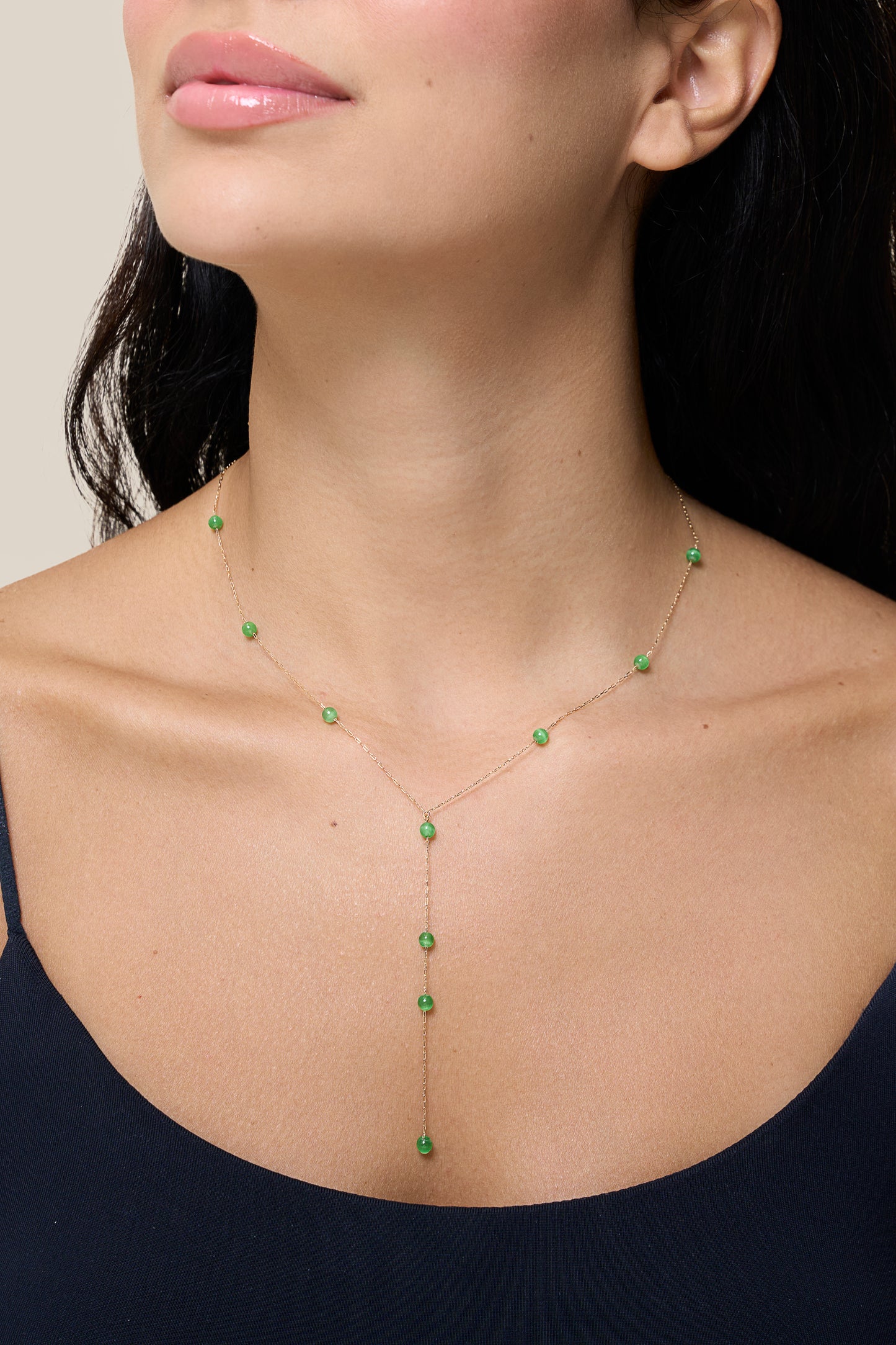 Green Beads long Necklace - Yellow Gold