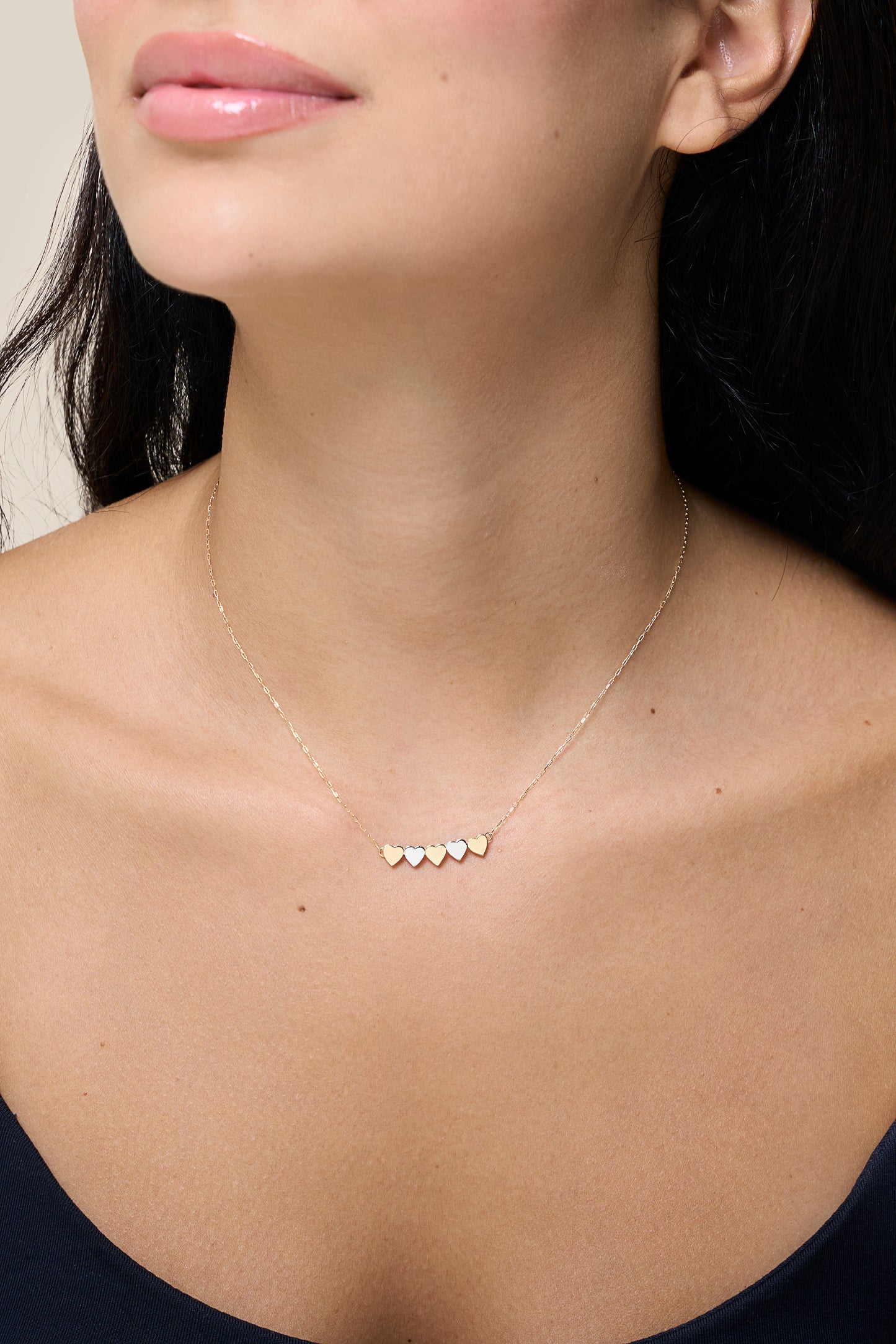 Five White and Yellow Gold Hearts Necklace