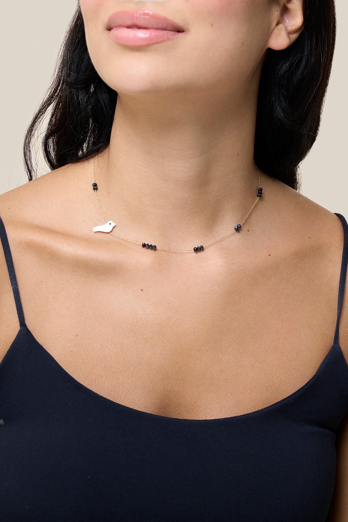 Black Beads and Bird Choker - Yellow Gold