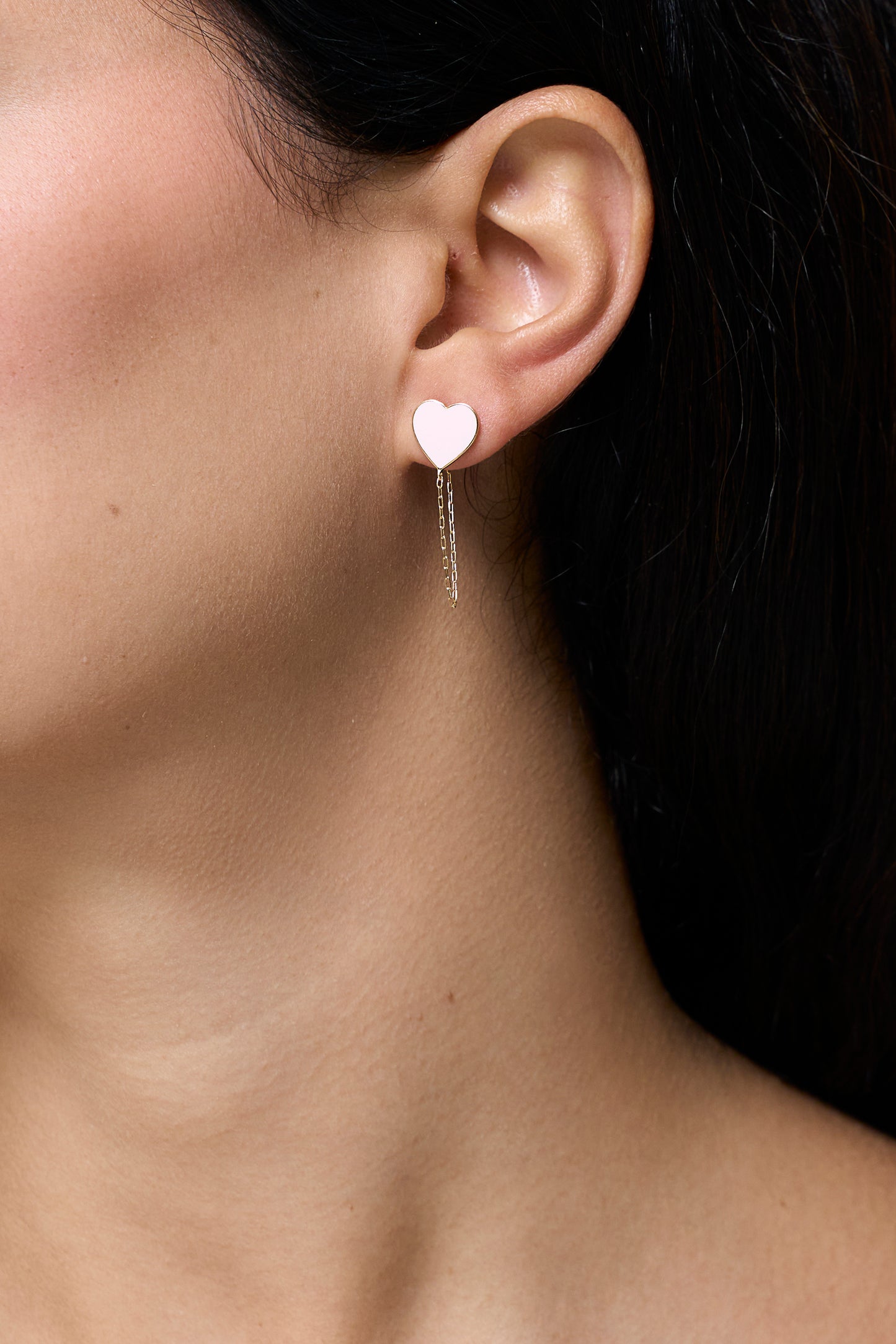 Enamel Pink Heart Earring - Yellow Gold