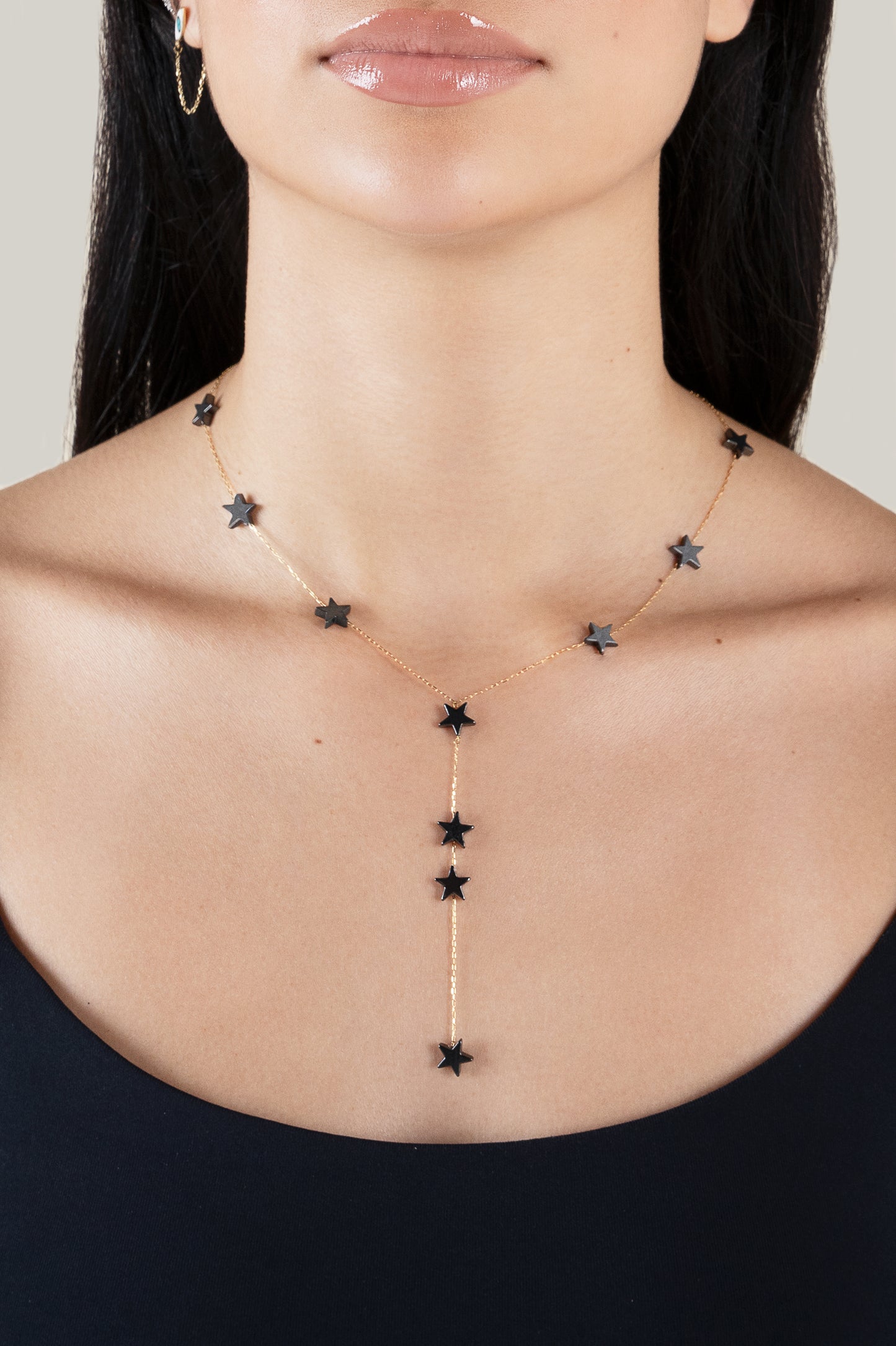 Grey Stars Long Necklace - Yellow Gold