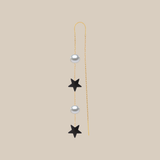 Two Grey Stars & Two Pearls Earring  - Yellow Gold