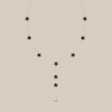 Grey Stars & One Pearl Long Necklace  - Yellow Gold