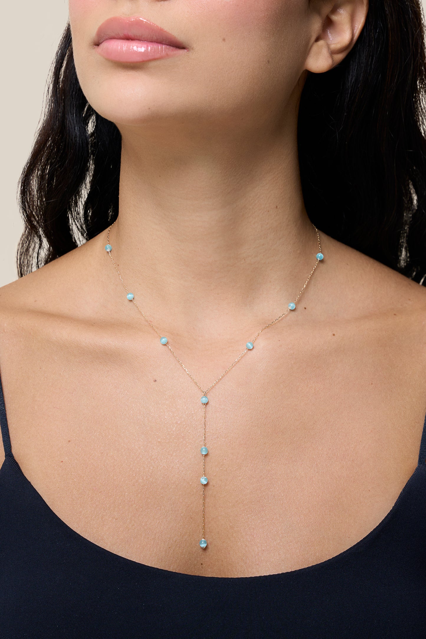 Blue Beads long Necklace - Yellow Gold