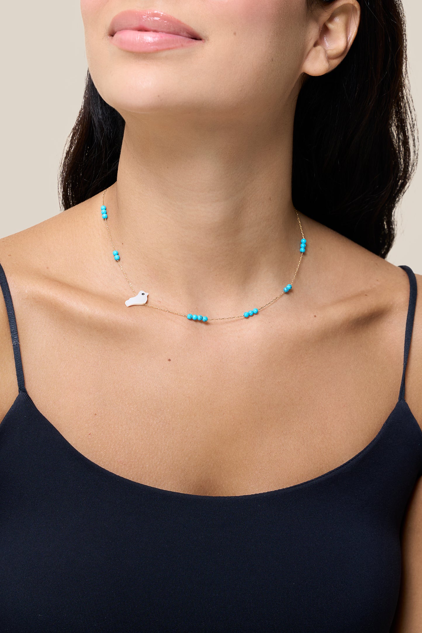 Turquoise Beads and Bird Choker - Yellow Gold