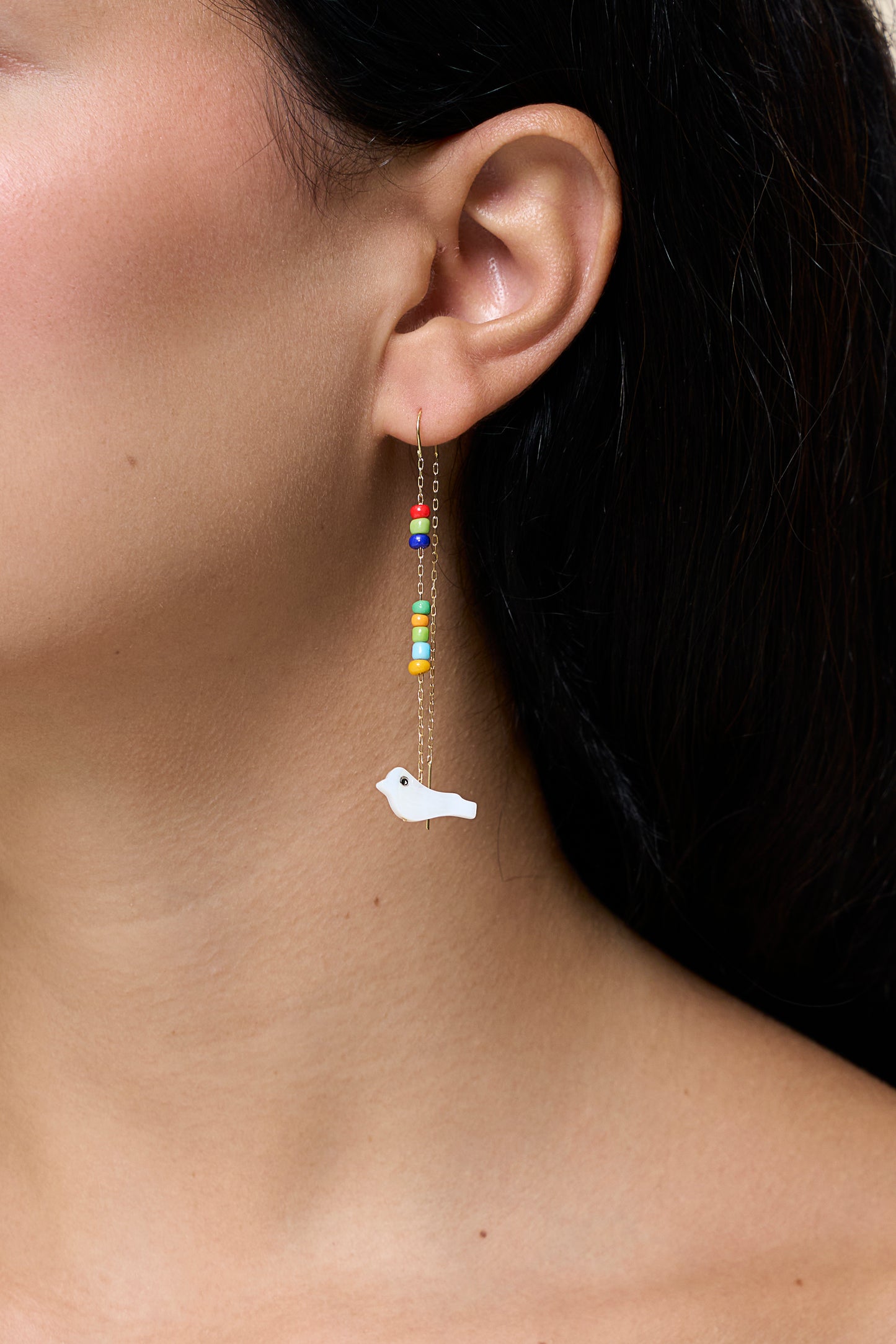 Multicolor Beads and Bird Earring - Yellow Gold