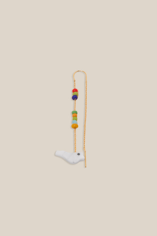 Multicolor Beads and Bird Earring - Yellow Gold