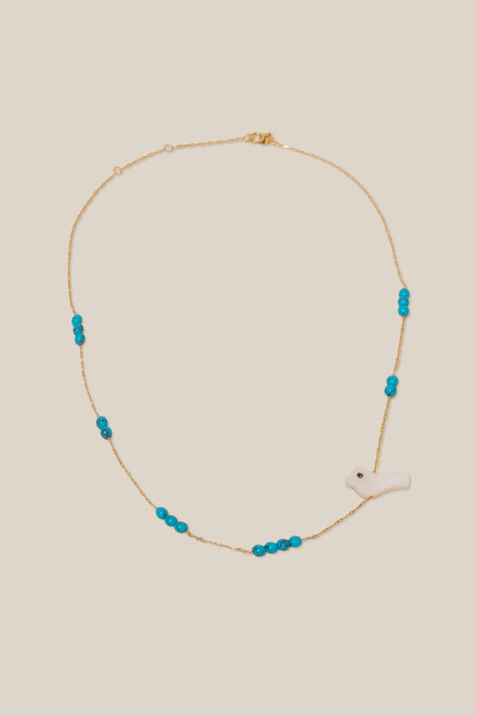 Turquoise Beads and Bird Choker - Yellow Gold