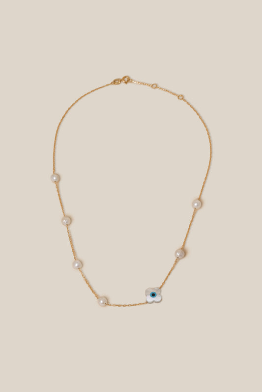 Pearls and Flower Eye Choker - Yellow Gold