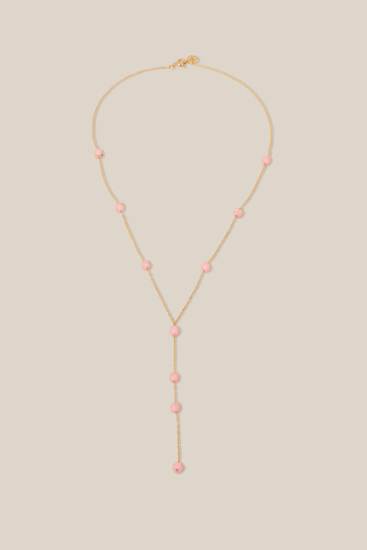 Pink Beads long Necklace - Yellow Gold