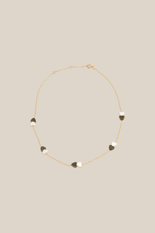 White & Grey Hearts Choker  - Yellow Gold