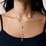Aqua Hearts and Pearl Long Necklace - Yellow Gold