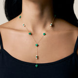 Green Hearts and Pearl and Green Beads Long Necklace - Yellow Gold