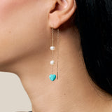 One Aqua Heart and Two Pearls Earring - Yellow Gold