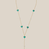 Aqua Hearts and Pearl Long Necklace - Yellow Gold