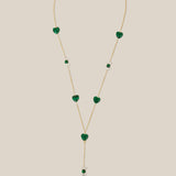 Green Hearts and Pearl and Green Beads Long Necklace - Yellow Gold