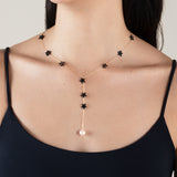 Grey Stars & One Pearl Long Necklace  - Yellow Gold